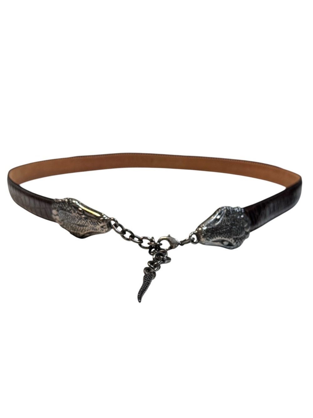 Vintage Tanner Silver Snake Heads Chain Clasp Belt Brown Croc Embossed Leather S
